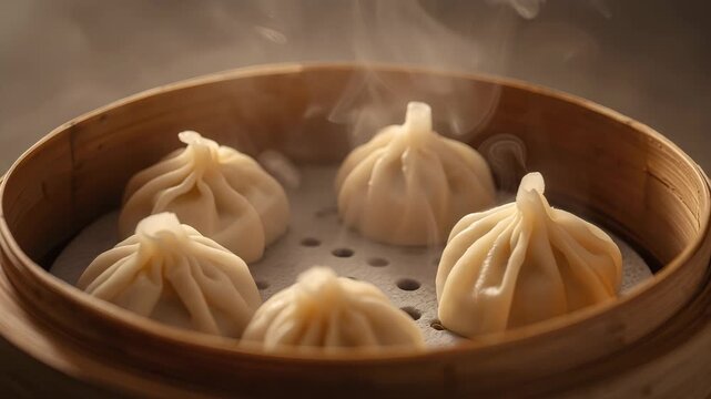 Steamed xiao long bao soup in bamboo steamer warm aroma soft texture and pleats
