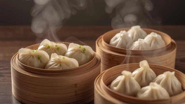 Steaming soup dumpling bamboo steamer steamed dumpling dim sum wooden table steam savory inviting