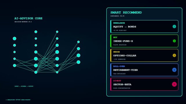 A digital Wealth Management Dashboard showing algorithmic investment nodes that continuously update to visualize complex financial data trends through a dynamic and modern user interface overlay
