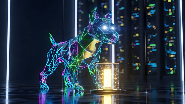Futuristic Cyberpunk Wireframe Dog in a High-Tech Data Center Neon Digital Animal Illustration for Technology and Security Concepts