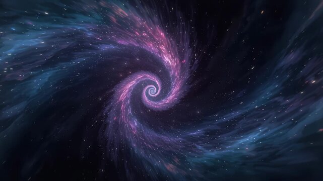 Spiral galaxy vortex with purple nebula cloud swirl, blue cosmic stars and glowing center