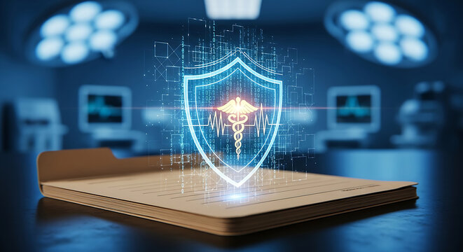 Healthcare Cyber Security Concept featuring a Digital Glowing Shield and Medical Caduceus Symbol protecting Confidential Patient Data Records