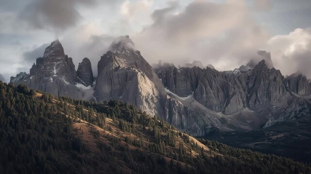 Dramatic mountain peak ridge with misty alpine peaks, pine slope and cloud lit forested foothills