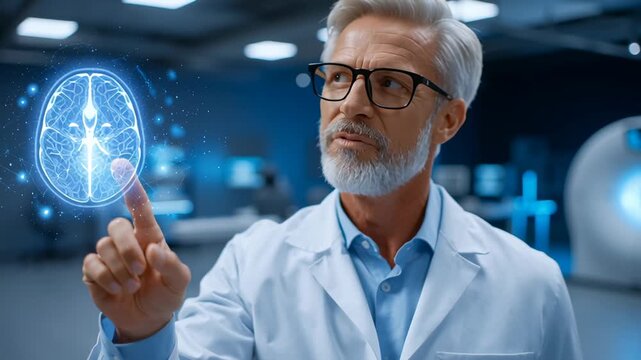 Scientist interacts with virtual brain model in high-tech lab. Glossy surfaces and advanced equipment create a futuristic environment. Concept for healthcare, medical research, technology