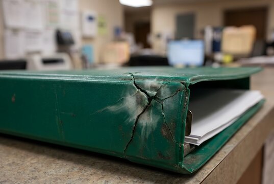 Full frame texture of cracked hospital clipboard binder corner with stress whitening