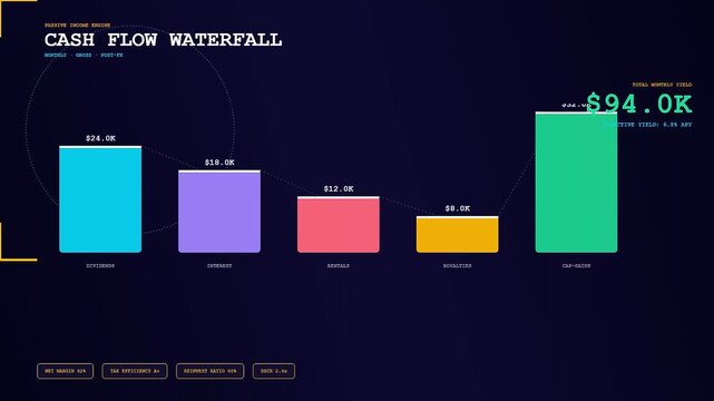 A wealth management dashboard dynamically animates cash flow waterfall, detailing multiple income streams and total financial performance on a digital screen.