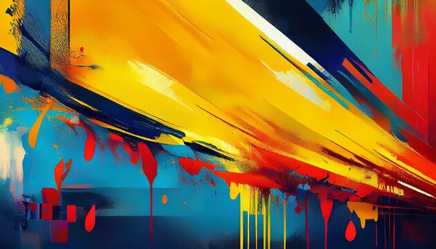 colorful graffiti art bold yellow lines splashes of blue red paint urban street style moody vibe creative expression posters wallpapers social media banner