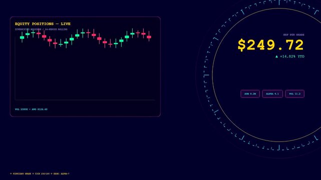 A sleek wealth management dashboard displays real time equity positions with live candlestick charts showing dynamic market fluctuations and investment portfolio performance on a dark digital screen.