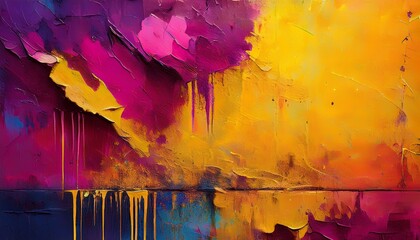 Fototapeta premium vibrant abstract graffiti texture yellow pink purple layers on distressed wall bold urban expression background moody lighting posters wallpapers social media banner cover website hero