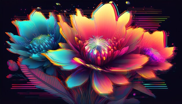 psychedelic glitched flowers with pixel texture and scanline artifacts on dark background digital corruption effect for summer festival flyer rave poster and electronic music event design
