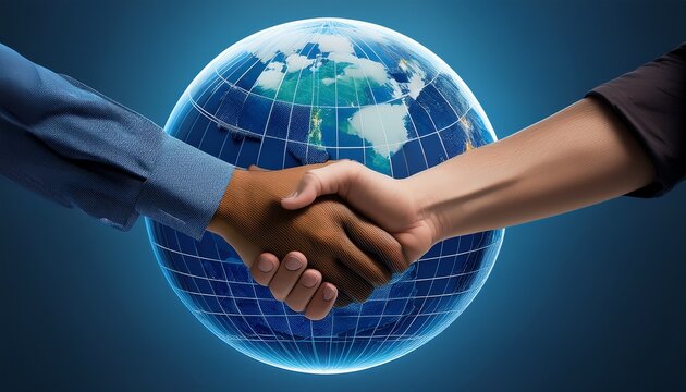 two stylized hands shaking against the backdrop of a simple globe depicting global cooperation