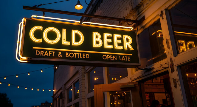 Cold beer draft and bottled open late neon sign outside a bar storefront