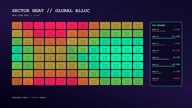 Visualizing complex financial data, a wealth management dashboard dynamically tracks sector heat and global allocations in real-time, showing fluctuating asset performance and top market movers.