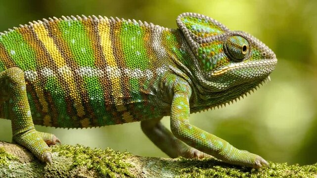 Detailed close-up of a green and yellow chameleon on mossy branch