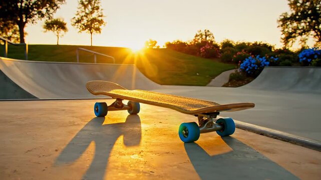 Skateboard rests on concrete in park under warm light. Colorful wheels stand out against smooth surface. Concept of skateboarding, outdoor fun, sports
