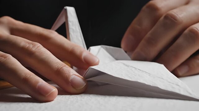Closeup of hands carefully folding a white paper crane a symbol of peace and longevity.