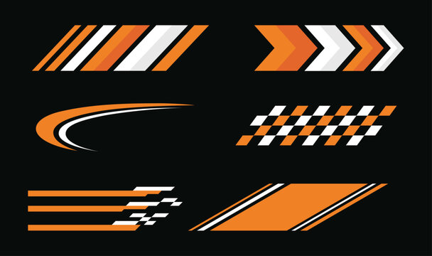 Racing stripe decals and patterns, racing flags, checkered patterns, arrow shapes and lines background for sporting event. Vector illustration.