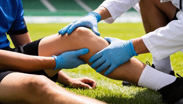 A medic in blue gloves examines a soccer player's injured knee on a grassy field after an accident.