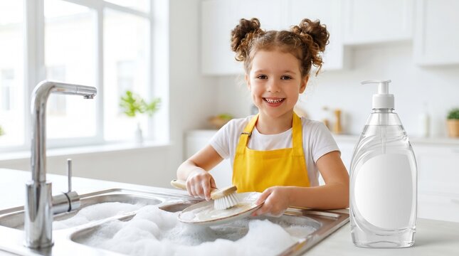 Cute little girl in a yellow apron washing dishes. Blank transparent dish soap bottle mockup in the foreground for packaging design