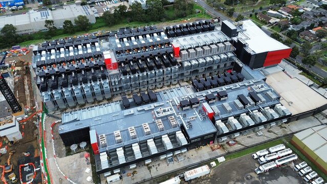 Aerial Overview of Modern Hyperscale Data Center and Cloud Server Infrastructure