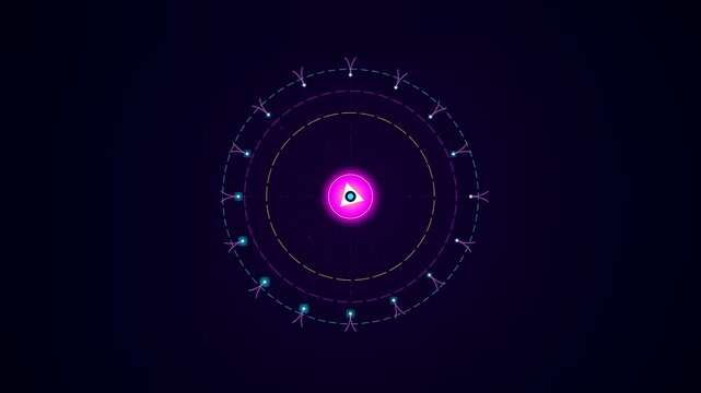 a shimmering bci neural connection displays glowing orbital nodes rotating in a dark digital void with pulsing ultraviolet light patterns forming complex energy orbits in motion