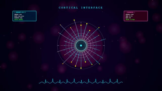 a BCI neural connection displayed within a triple screen interface showing biometric heart rate monitors and circular data nodes pulsating over a dark purple gradient surface