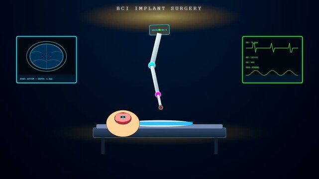 A bci neural connection interface monitoring the automated medical procedure with robotic instruments and real time patient vitals displayed on screens in a dark clinical room