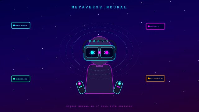 A bci neural connection interface displays digital metrics showing virtual reality gear in space while data parameters fluctuate inside a vibrant glowing purple neon dashboard