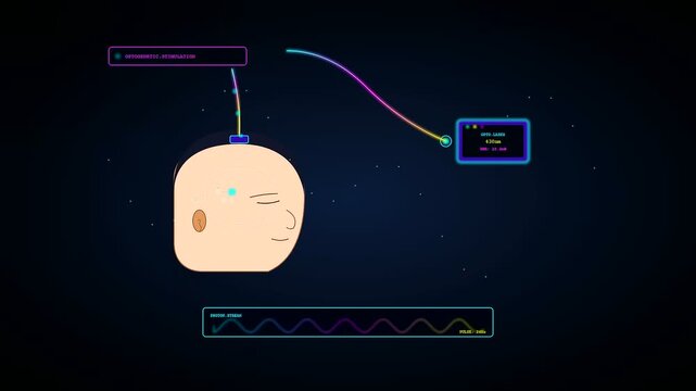 A BCI neural connection displayed in a graphical interface showing light pulse patterns traveling through a fiber optic wire into the human cranium for medical observation