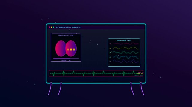 A digital BCI neural connection interface displays shifting biological waveform patterns while flickering data points visualize complex brain activity simulations on a dark monitor screen console