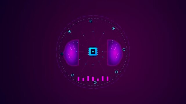 A BCI neural connection animated graphic displays vibrant purple brain structures surrounding a glowing blue electronic processor chip floating inside circular motion scanning light rings