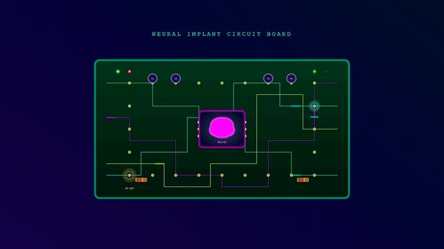 A BCI neural connection interface displays glowing pathways and biological nodes within a digital circuit board schematic shown in a series of animated frame sequences