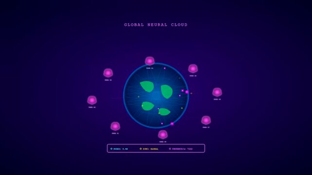 A digital Bci neural connection interface displays floating data nodes within a dark blue holographic sphere as pulses of energy circulate through the complex system