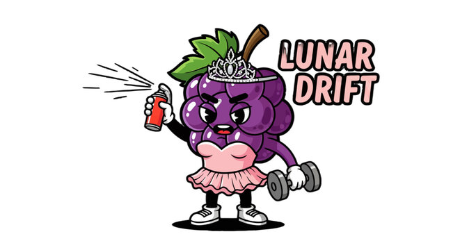 Cute anthropomorphic grape character lifting weights and drinking soda.