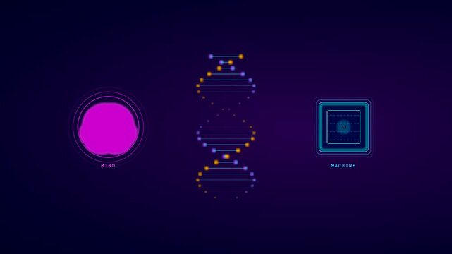 A BCI neural connection sequence illustrating digital brain interface concepts with glowing pink bioluminescent structures and blue electronic processor nodes set against dark violet moody atmosphere