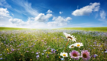 Fototapeta premium meadow with flowers and blue sky in spring
