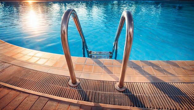 ladder stainless handrails stairs into the swimming pool with blue beautiful water and sunlight blik of sun vacation resort healthy lifestyle sport concept background