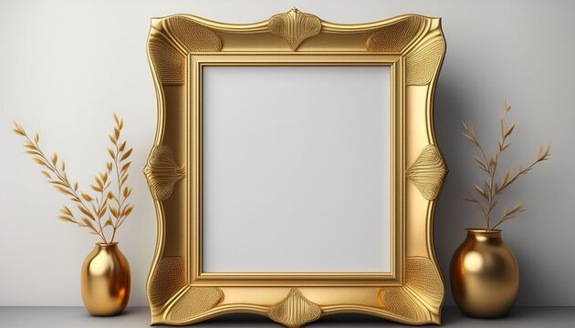 vertical blank golden picture frame on white background