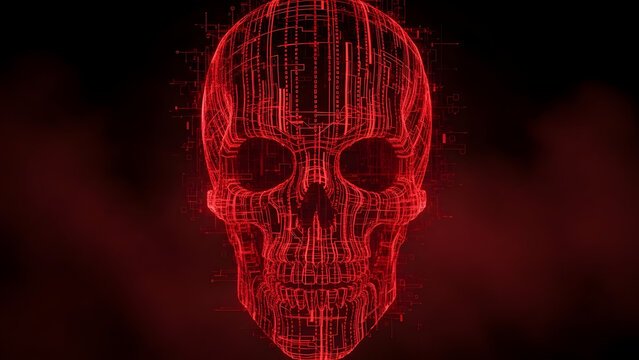 Intricate Red Digital Skull Emerges from a Dark Backdrop, Crafted from Abstract Data Streams and Code, Symbolizing Cybernetic Threats and Digital Vulnerability