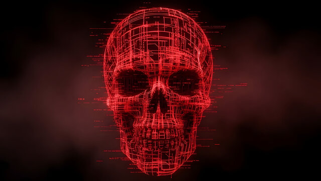 Glowing Red Wireframe Skull Constructed from Digital Code Representing Online Threats, Hacking, and Data Vulnerabilities in a Cyber World