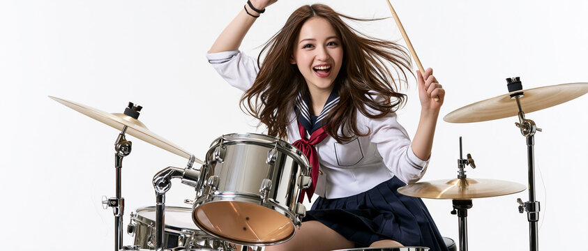 Young female drummer playing drum kit isolated on white background, music performance concept