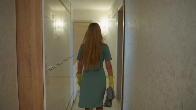 White woman in hallway cleaning house, wearing yellow gloves and teal dress, holding bucket and caddy, inspecting textured walls and wooden door under warm wall lamp, cautious posture and focused