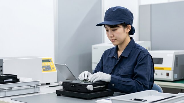 工場でタブレットを確認しながら精密機器の組み立てを行う日本人女性の製造スタッフ