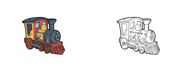 Colored and line art illustrations of a broken old toy steam train locomotive with cracks and damage on a solid white background © Dzianis