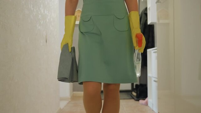 Woman entering hallway with cleaning cloth and spray bottle, yellow rubber gloves and green dress, brisk steps toward entrance, microfiber towel in hand, coat rack and shoes visible by doorway,