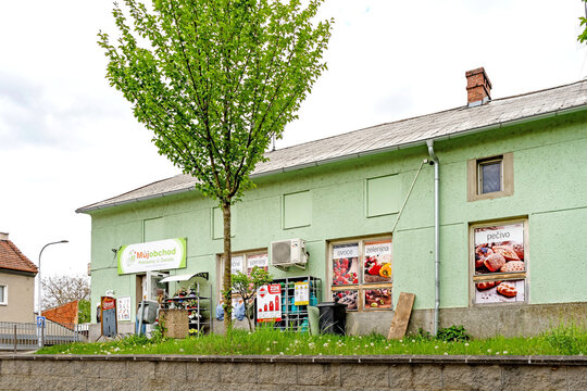 obec Vrbatky, Czech Republic - May 3, 2026: Small local grocery store in village street Muj obchod potraviny