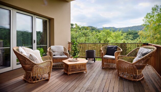 outdoor balcony living room area cosy furniture wicker material cosy comfort realx natural home and garden design background