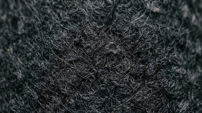 Extreme Macro Texture of Tangled Black Synthetic Fibers and Matted Wool Material Abstract Dark Industrial Fabric Background for Commercial Design