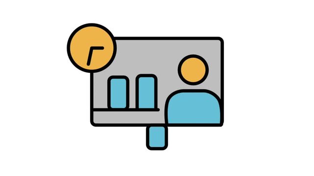 Animated data analysis icon displaying a clock and bar charts on a screen, illustrating real-time financial tracking and management reporting.