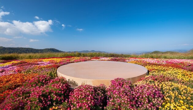 serene landscape featuring circular platform surrounded by colorful flowers under clear blue sky evoking sense of tranquility and beauty